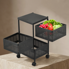 Premium 3-Tier Rotatable Fruit Basket | Black Iron Kitchen Storage Organizer 2026 – Rolling & Space-Saving