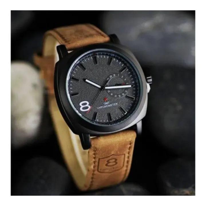 Men's Black Analog Watch | Palladium Case & Tan Leather Strap
