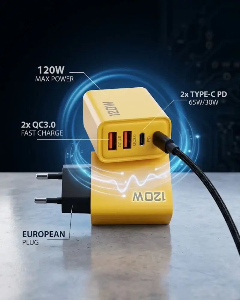 120W Fast Charging Travel Adapter with 4 USB Ports – GaN 5-in-1 USB-C Wall Charger | Compatible with iPhone, Samsung, Xiaomi & More (Yellow)