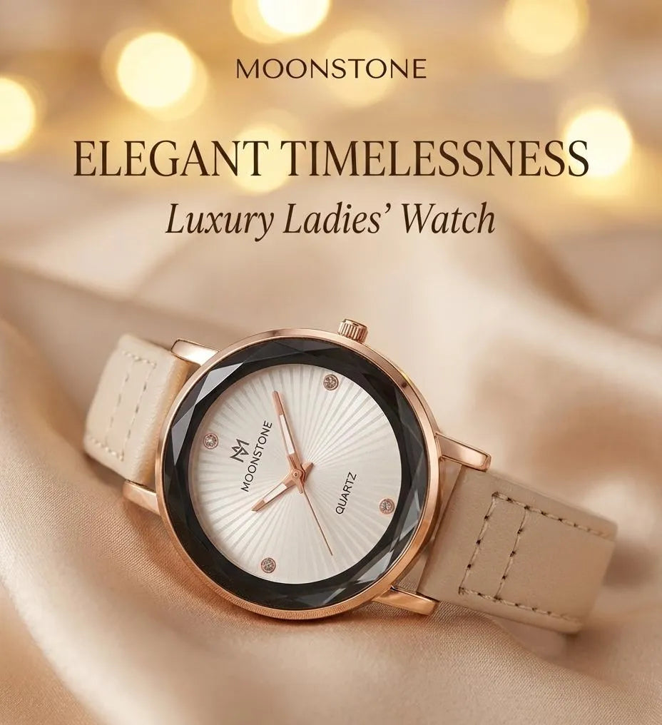 Luxury Ladies Watch | Rose Gold Square Dial | Off White Leather Strap | Women's Quartz Watch Pakistan