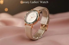 Luxury Ladies Watch | Rose Gold Square Dial | Off White Leather Strap | Women's Quartz Watch Pakistan