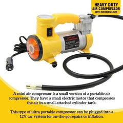 Heavy Duty Portable Air Compressor 150 PSI – 12V with LED Light & Auto Shut-Off | Yellow