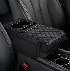 Car Armrest Cushion with Cup Holder – PU Leather Center Console Elbow Support Pad | Black