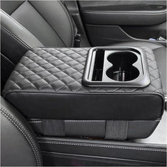 Car Armrest Cushion with Cup Holder – PU Leather Center Console Elbow Support Pad | Black