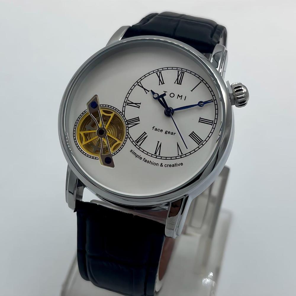 Men's Face Gear Watch | Off-White Roman Numeral Dial | Transparent Gear Mechanism | Black Leather Strap | Swiss-Inspired Pakistan