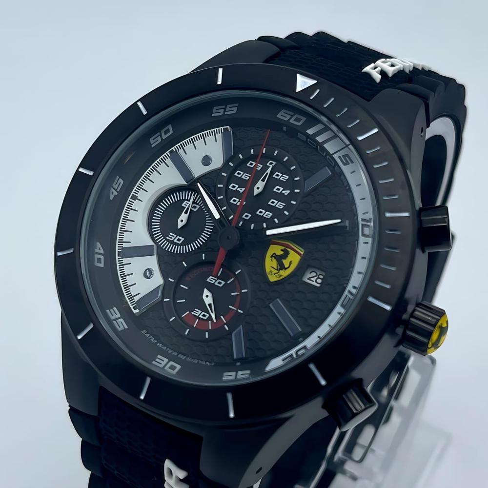 Men's Racing Chronograph Watch | Black Dial Red & White Accents | 5 ATM Water Resistant | Rubber Strap | Date Display Pakistan