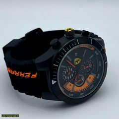 Men's Racing Sport Watch | Black & Orange Dial Multi Sub-Dials | 5 ATM Water Resistant | Rubber Strap Pakistan