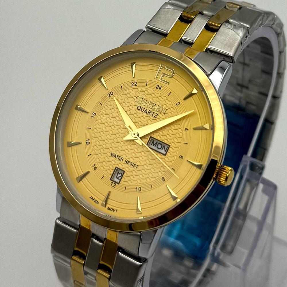 Men's Two-Tone Watch | Gold-Tone Textured Wave Dial | Day-Date Display | Stainless Steel Bracelet | Gift Box Pakistan