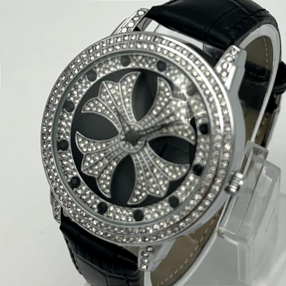 Men's Crystal Floral Watch | Sparkling Crystal-Encrusted Dial | Stainless Steel Case | Black Leather Strap | Gift Box Pakistan