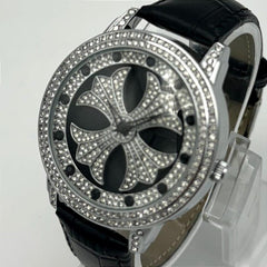 Men's Crystal Floral Watch | Sparkling Crystal-Encrusted Dial | Stainless Steel Case | Black Leather Strap | Gift Box Pakistan