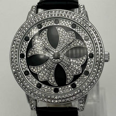 Men's Crystal Floral Watch | Sparkling Crystal-Encrusted Dial | Stainless Steel Case | Black Leather Strap | Gift Box Pakistan