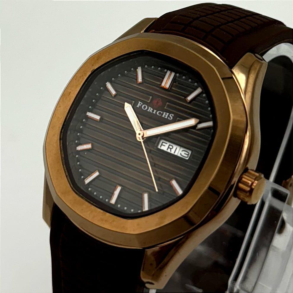 Men's Octagonal Watch | Dark Textured Dial Luminous Markers | Brown Rubber Strap | Date Display | Quartz Pakistan