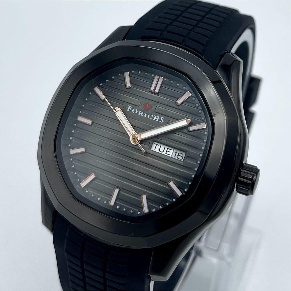Men's Black Quartz Watch | Stainless Steel Case | Silver Markers Date Display | Black Rubber Strap | Gift Box Pakistan
