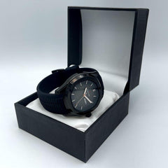 Men's Black Quartz Watch | Stainless Steel Case | Silver Markers Date Display | Black Rubber Strap | Gift Box Pakistan