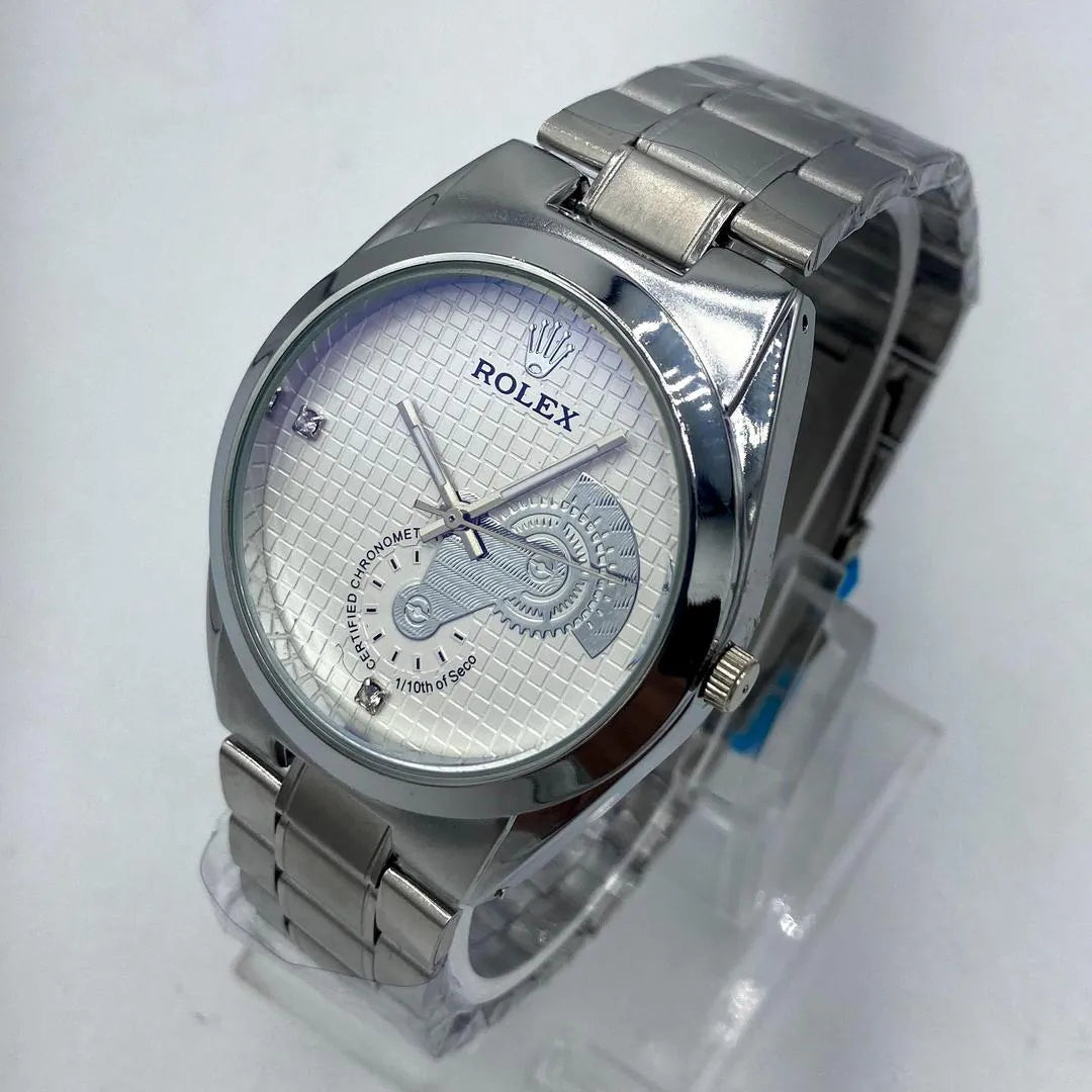 Men's Dress Watch | Cream Checkered Dial | Faux Diamond Markers | Silver Stainless Steel Chain | Decorative Sub-Dials Pakistan