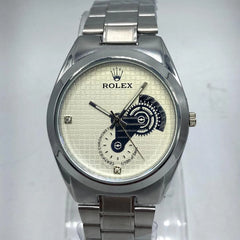 Men's Dress Watch | Cream Checkered Dial | Faux Diamond Markers | Silver Stainless Steel Chain | Decorative Sub-Dials Pakistan