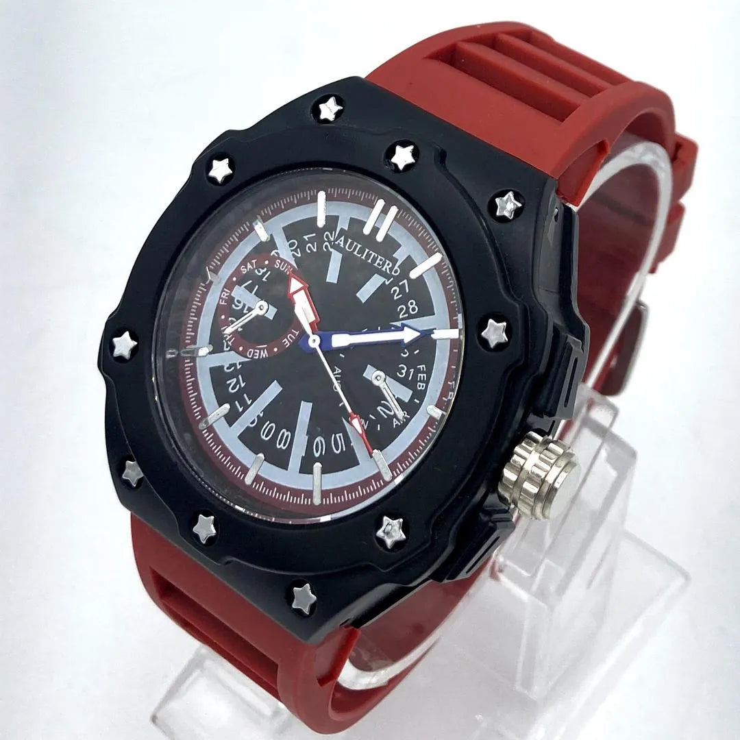 AULITERS Men's Sport Watch | Matte Black Case Star Screws | Red Rubber Strap | Day Date Month Display | Quartz Pakistan