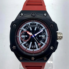 AULITERS Men's Sport Watch | Matte Black Case Star Screws | Red Rubber Strap | Day Date Month Display | Quartz Pakistan