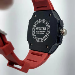 AULITERS Men's Sport Watch | Matte Black Case Star Screws | Red Rubber Strap | Day Date Month Display | Quartz Pakistan