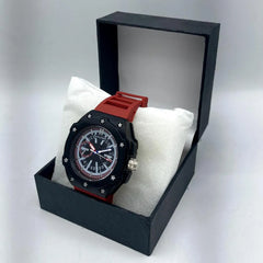 AULITERS Men's Sport Watch | Matte Black Case Star Screws | Red Rubber Strap | Day Date Month Display | Quartz Pakistan