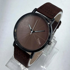 TOMI Minimalist Watch | Segmented Chocolate Brown Dial | Black Case | Faux Leather Strap | Unisex Quartz Pakistan
