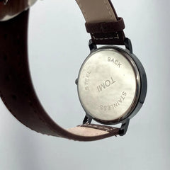 TOMI Minimalist Watch | Segmented Chocolate Brown Dial | Black Case | Faux Leather Strap | Unisex Quartz Pakistan