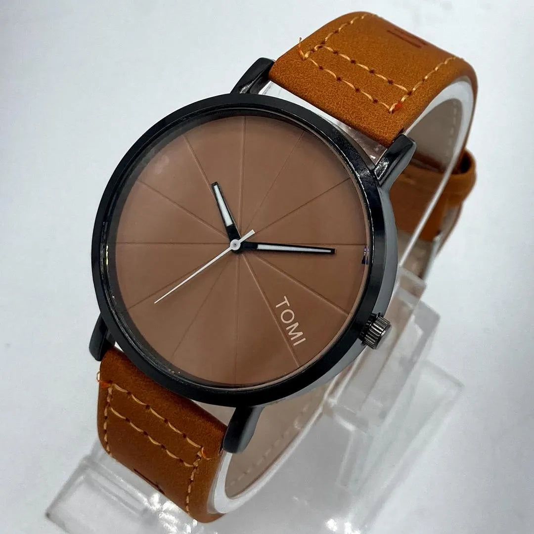 TOMI Minimalist Watch | Matte Black Case | Orange Dial | Tan Faux Leather Strap | Unisex Quartz Watch Pakistan