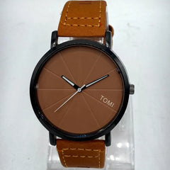 TOMI Minimalist Watch | Matte Black Case | Orange Dial | Tan Faux Leather Strap | Unisex Quartz Watch Pakistan