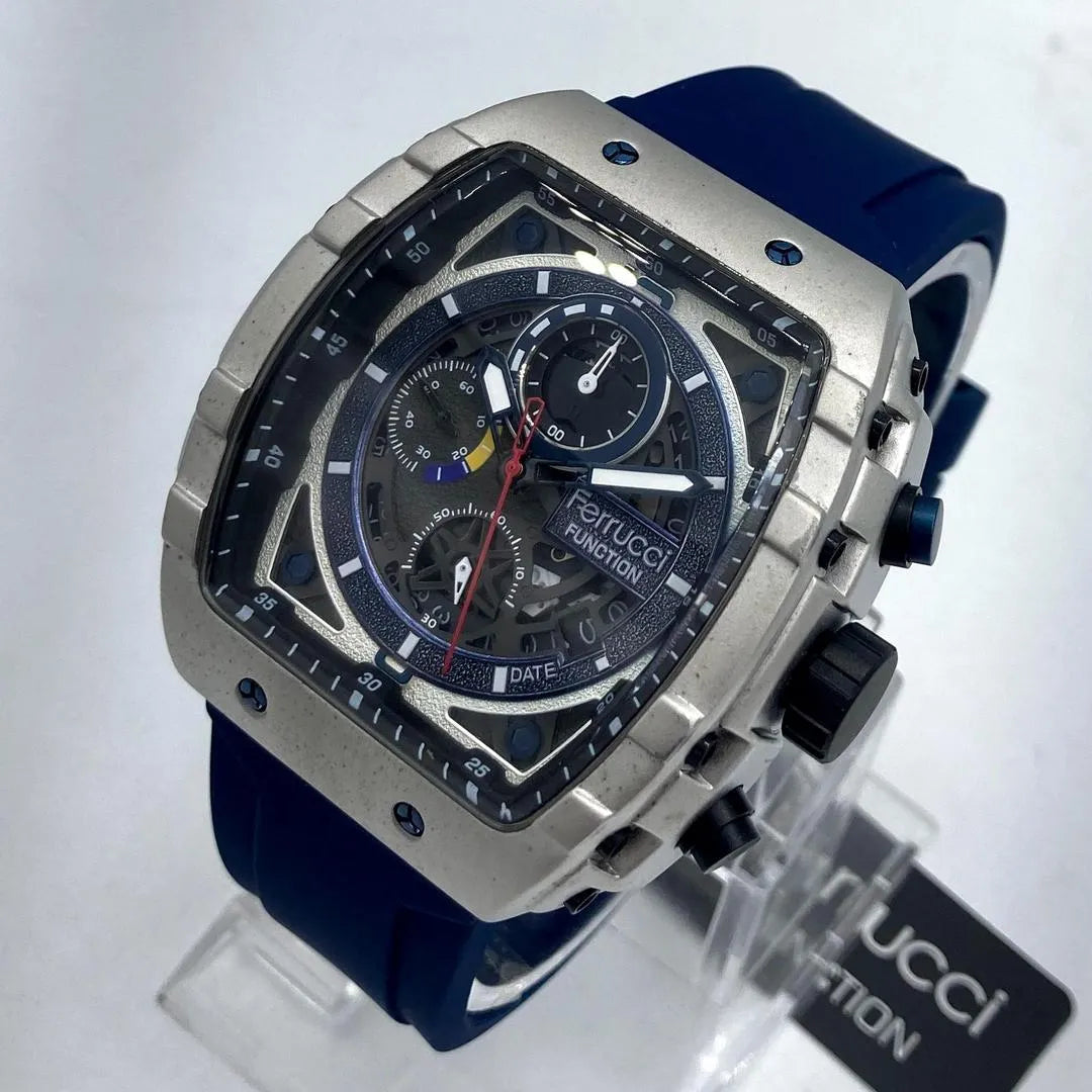 Ferrucci Men's Chronograph Watch | Skeleton Dial | Deep Blue Rubber Strap | Rectangular Case | Pakistan