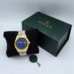 Men's Two-Tone Watch | Electric Blue Dial | Diamond Markers | Gold Bezel & Date Window | Stainless Steel Chain Pakistan