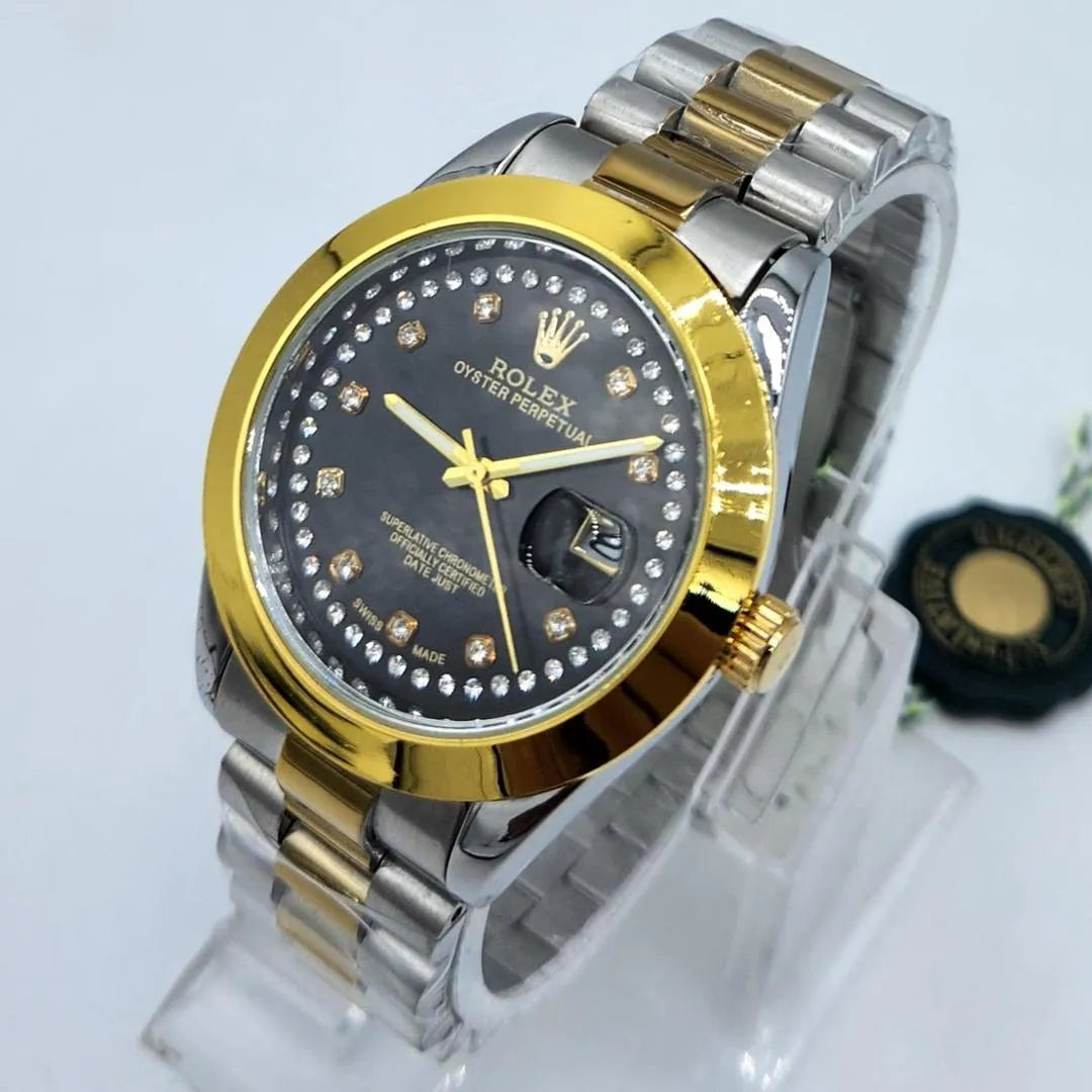 Men's Two-Tone Watch | Black Dial Diamond Markers | Gold Bezel & Cyclops Date | Stainless Steel Chain Pakistan