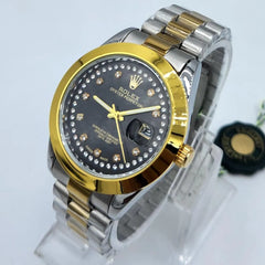 Men's Two-Tone Watch | Black Dial Diamond Markers | Gold Bezel & Cyclops Date | Stainless Steel Chain Pakistan