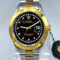 Men's Two-Tone Watch | Black Dial Diamond Markers | Gold Bezel & Cyclops Date | Stainless Steel Chain Pakistan