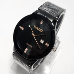 Men's Black Quartz Watch | Rose Gold Hands & Crystal Markers | Date Display | Stainless Steel Chain Pakistan
