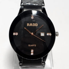 Men's Black Quartz Watch | Rose Gold Hands & Crystal Markers | Date Display | Stainless Steel Chain Pakistan