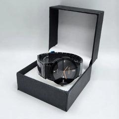 Men's Black Quartz Watch | Rose Gold Hands & Crystal Markers | Date Display | Stainless Steel Chain Pakistan