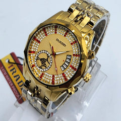 Luxury Gold-Tone Men's Watch | Crystal Embellished Dial | Diamond-Cut Bezel | Quartz Chain Watch Pakistan