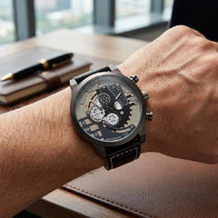 Men's Skeleton Watch | Matte Black Case | Architectural Dial | Date Function | Black Leather Strap Pakistan
