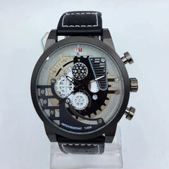 Men's Skeleton Watch | Matte Black Case | Architectural Dial | Date Function | Black Leather Strap Pakistan
