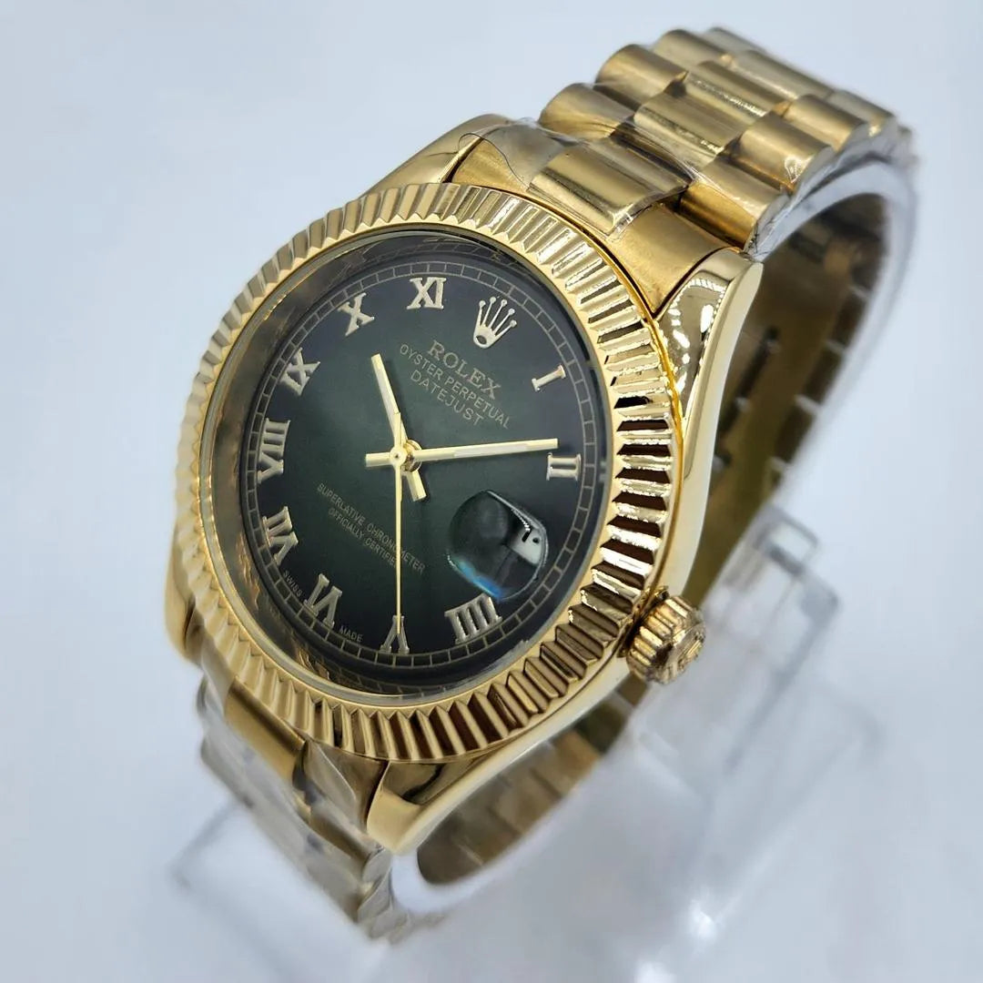 Men's Automatic Watch | Olive Green Roman Numeral Dial | Fluted Bezel | Gold President Bracelet | Pakistan