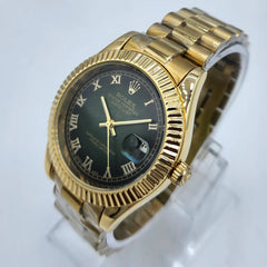 Men's Automatic Watch | Olive Green Roman Numeral Dial | Fluted Bezel | Gold President Bracelet | Pakistan