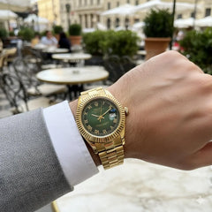 Men's Automatic Watch | Olive Green Roman Numeral Dial | Fluted Bezel | Gold President Bracelet | Pakistan