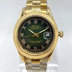 Men's Automatic Watch | Olive Green Roman Numeral Dial | Fluted Bezel | Gold President Bracelet | Pakistan