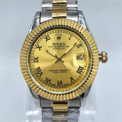 Men's Automatic Watch | Champagne Roman Numeral Dial | Gold-Plated Fluted Bezel | Stainless Steel Chain Pakistan