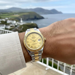 Men's Automatic Watch | Champagne Roman Numeral Dial | Gold-Plated Fluted Bezel | Stainless Steel Chain Pakistan