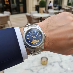Automatic Self-Winding Men's Watch | Blue Sunray Dial | Open Heart Tourbillon Style | Oyster Bracelet Pakistan
