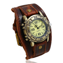 Vintage Compass Watch | Brass-Tone Case | Thick Brown Genuine Leather Strap | Unisex Analogue | Pakistan