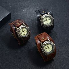 Vintage Compass Watch | Brass-Tone Case | Thick Brown Genuine Leather Strap | Unisex Analogue | Pakistan