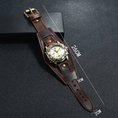 Vintage Compass Watch | Brass-Tone Case | Thick Brown Genuine Leather Strap | Unisex Analogue | Pakistan