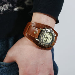 Vintage Compass Watch | Brass-Tone Case | Thick Brown Genuine Leather Strap | Unisex Analogue | Pakistan